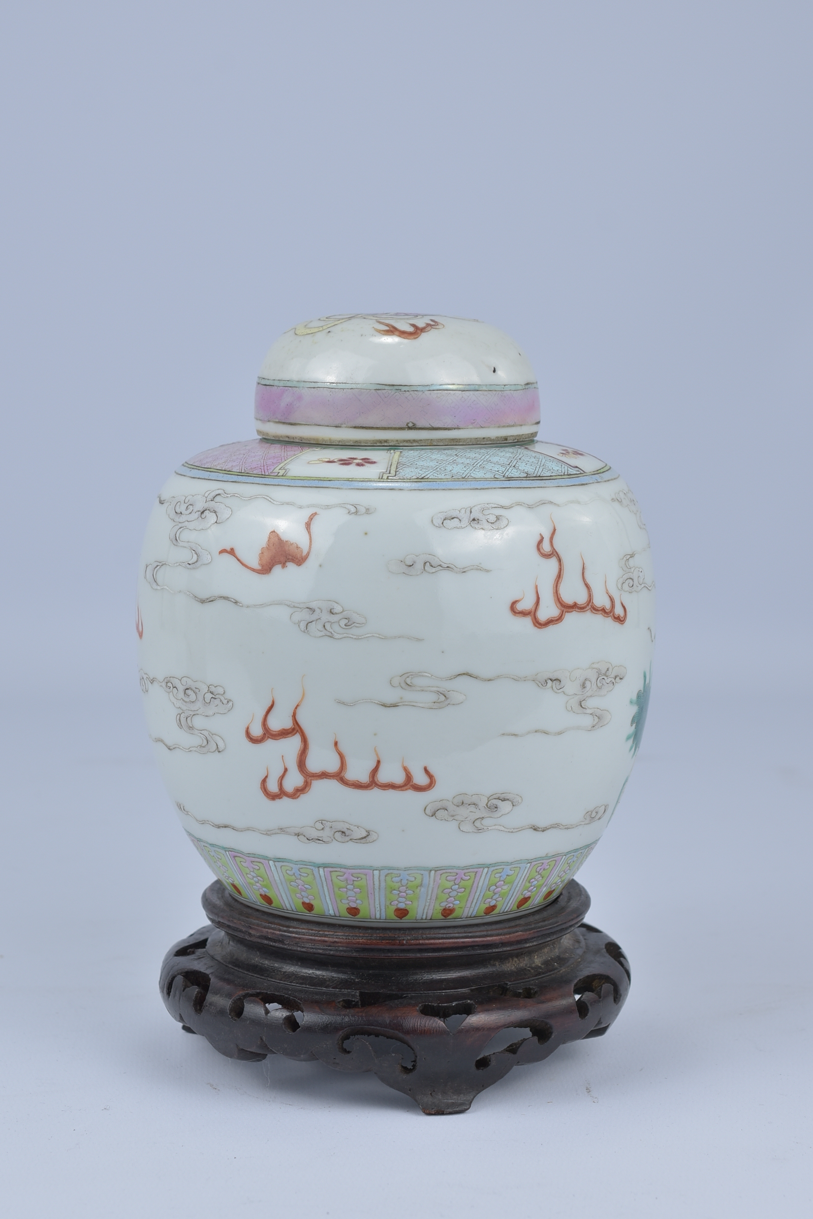 A 19th Century Chinese Famillie Rose porcelain Jar and Cover decorated with two kilin on wooden stan - Image 3 of 6