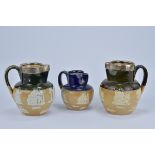 Three Royal Doulton stone ware Jugs. Two green glazed jugs with silver rims, one dated 1903. 10.5cm