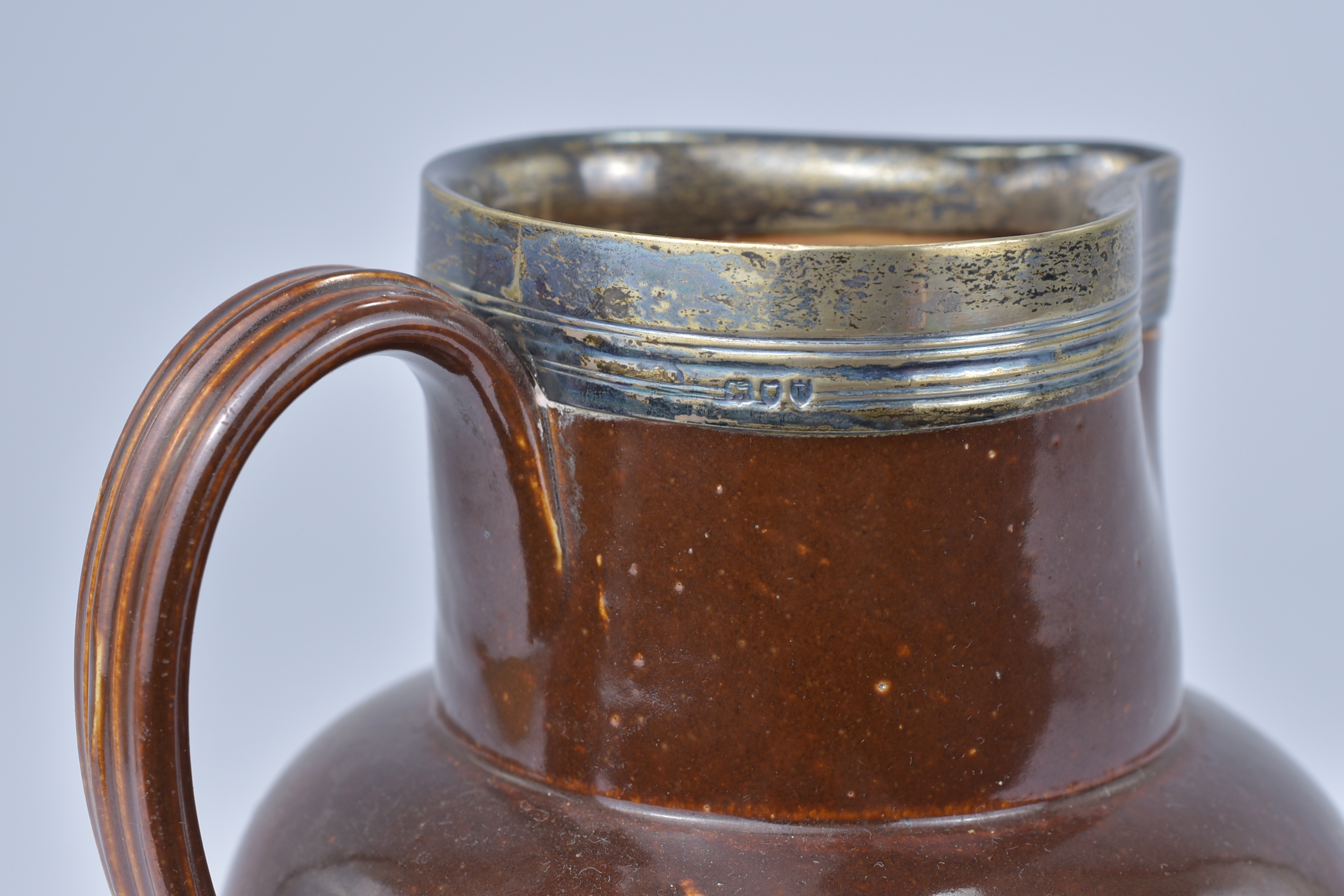 Two Royal Doulton Lamberth stoneware Jugs with stamped silver rims. 16cm tall, 16.4cm tall, 17cm tal - Image 5 of 5