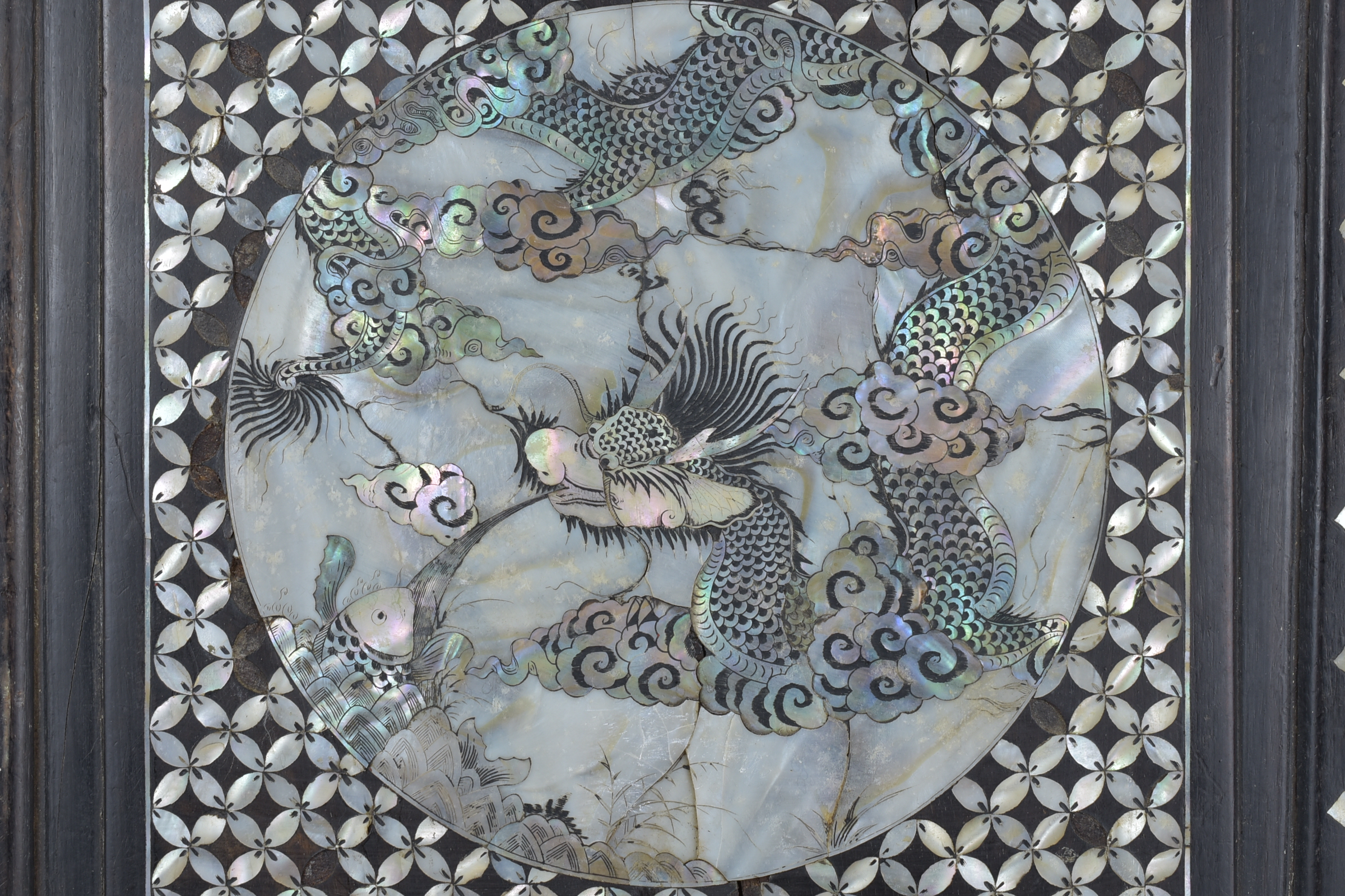 A framed mother of pearl inserted into hardwood panel decorated with dragon. 36.5cm x 37cm - Image 2 of 3