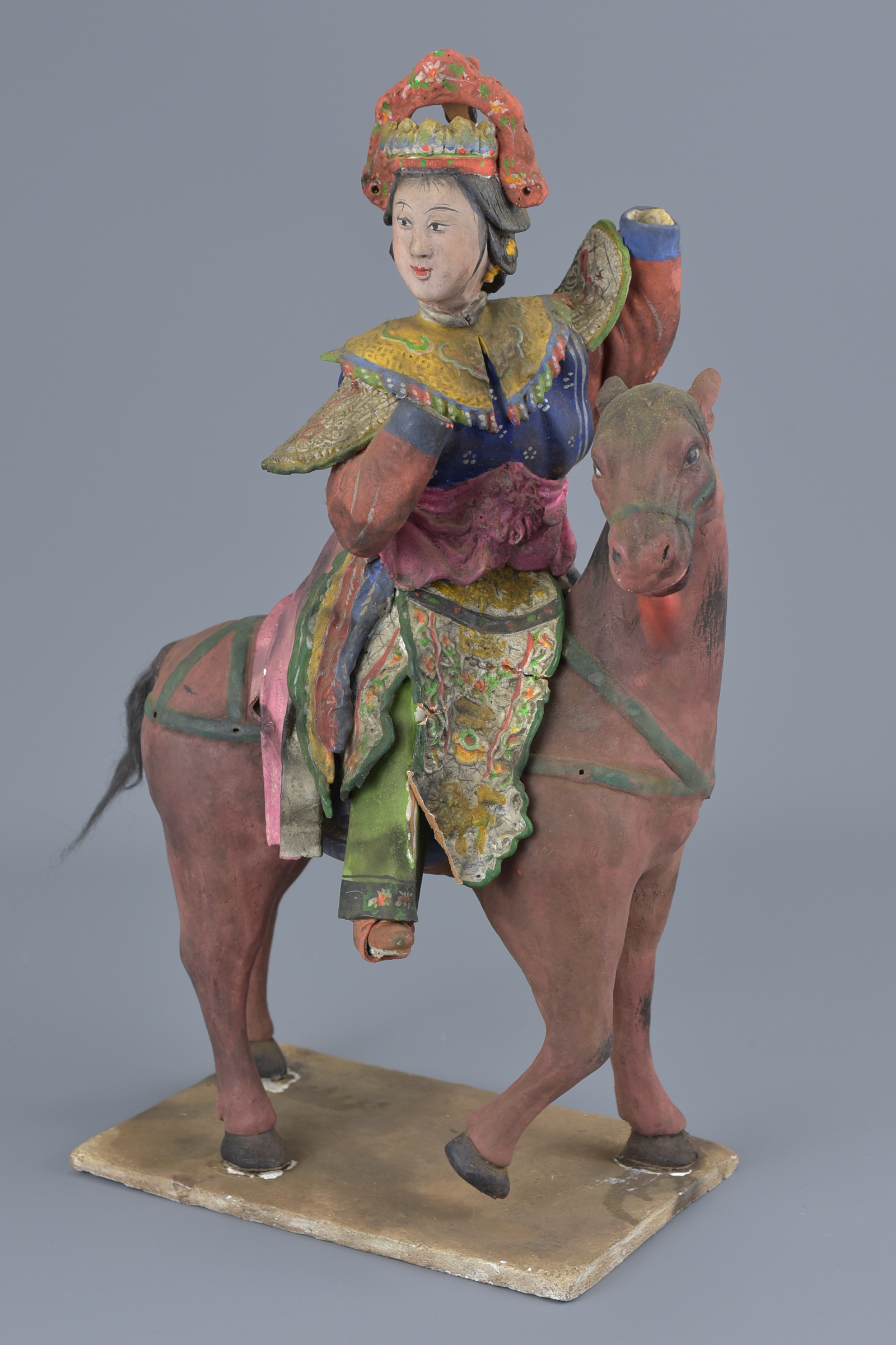 A pair of Chinese 19th century pottery horses and riders. 16cm x 30cm. - Image 4 of 5