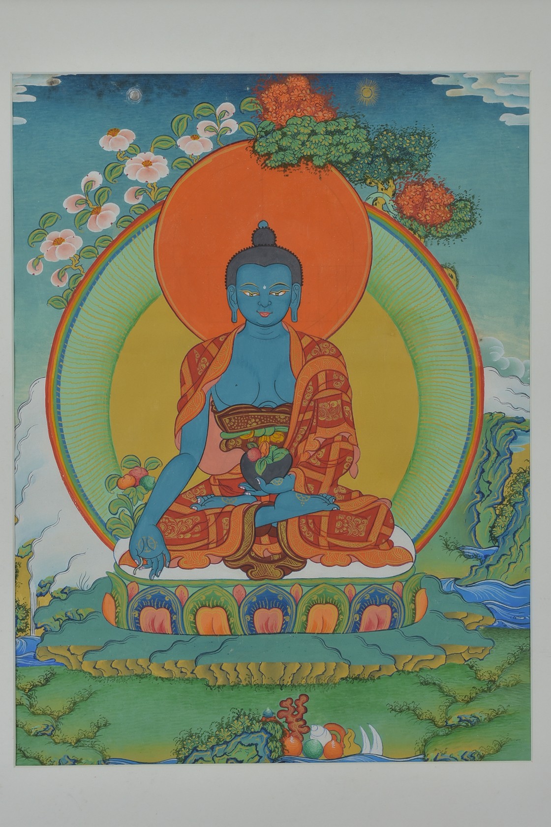 A traditional style Buddhist Thangka painting of Buddha Gautama sitting in a lotus pose holding a bo - Image 2 of 3