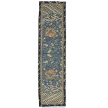 A long Chinese 19th century blue ground silk hanging. 171cm x 45cm