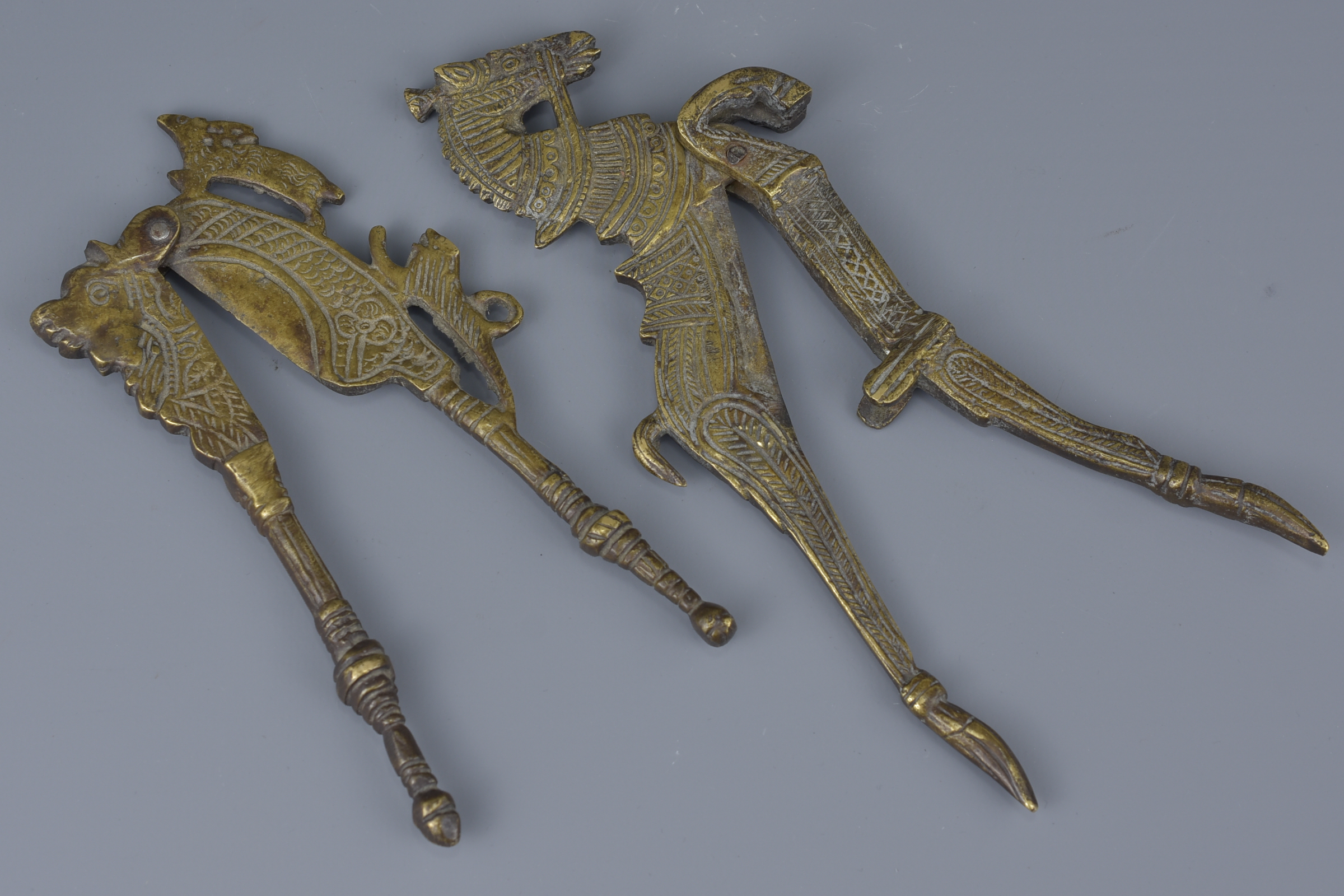 Two Indian bronze cutters with horse and goat design. 18cm width - Image 3 of 3