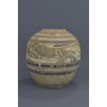 A Chinese Han dynasty painted pottery tiger jar . 26cm height