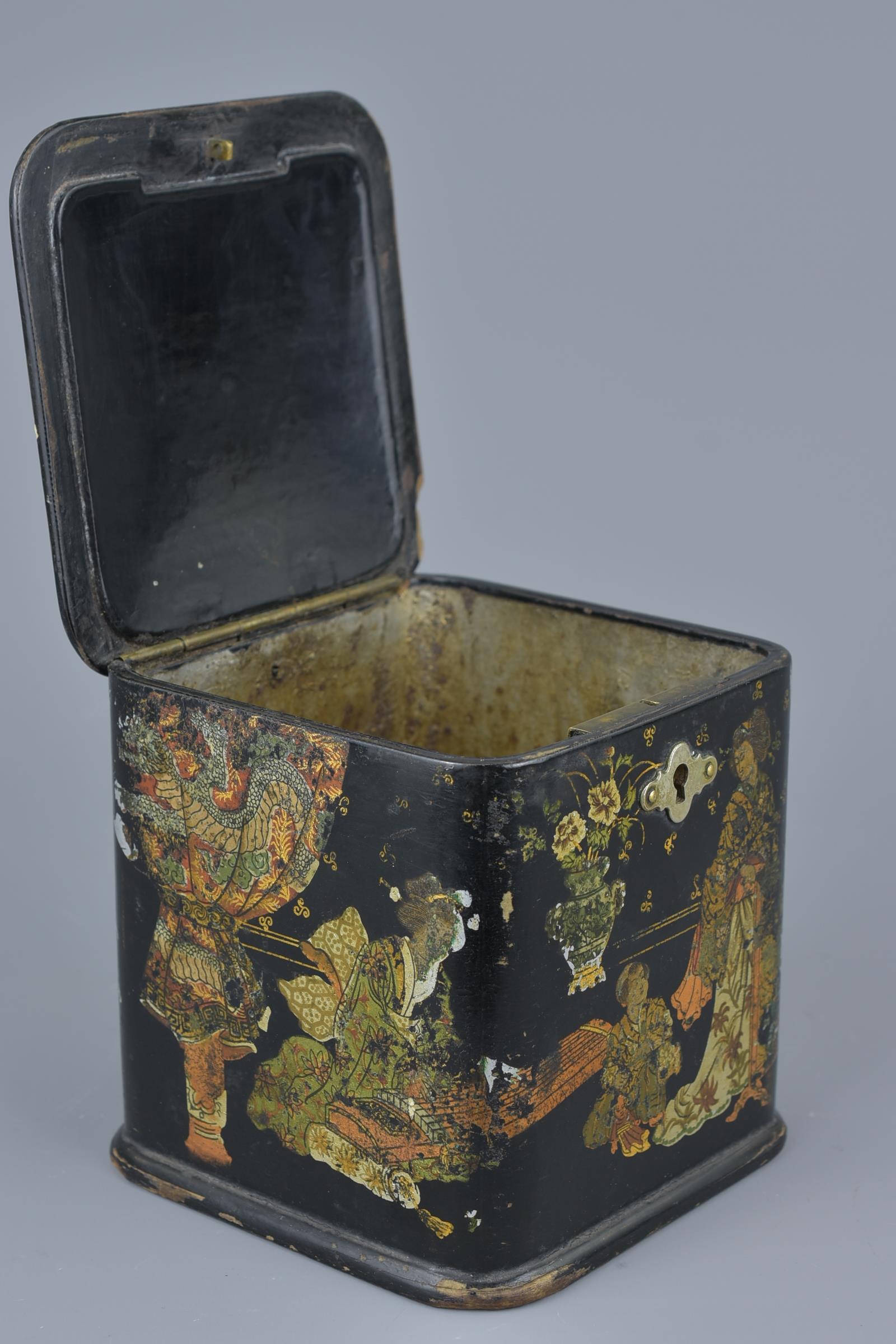 A Japanese lacquer Tea Caddy with Gold Gilding decorated with figures in garden. 11cm x 11cm - Image 2 of 4