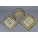 A group of three Chinese 20th century embroidered silk panels with floral and butterfly design. 29cm