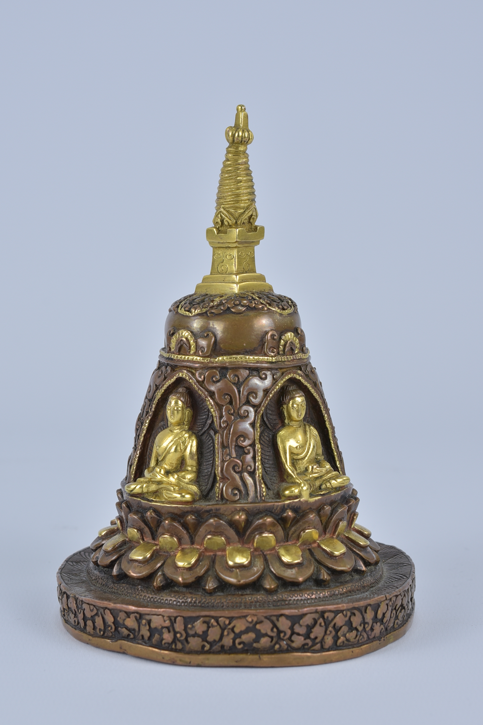 A Tibetan bronze pagoda statue with four seated Buddhas. 16cm height - Image 3 of 4