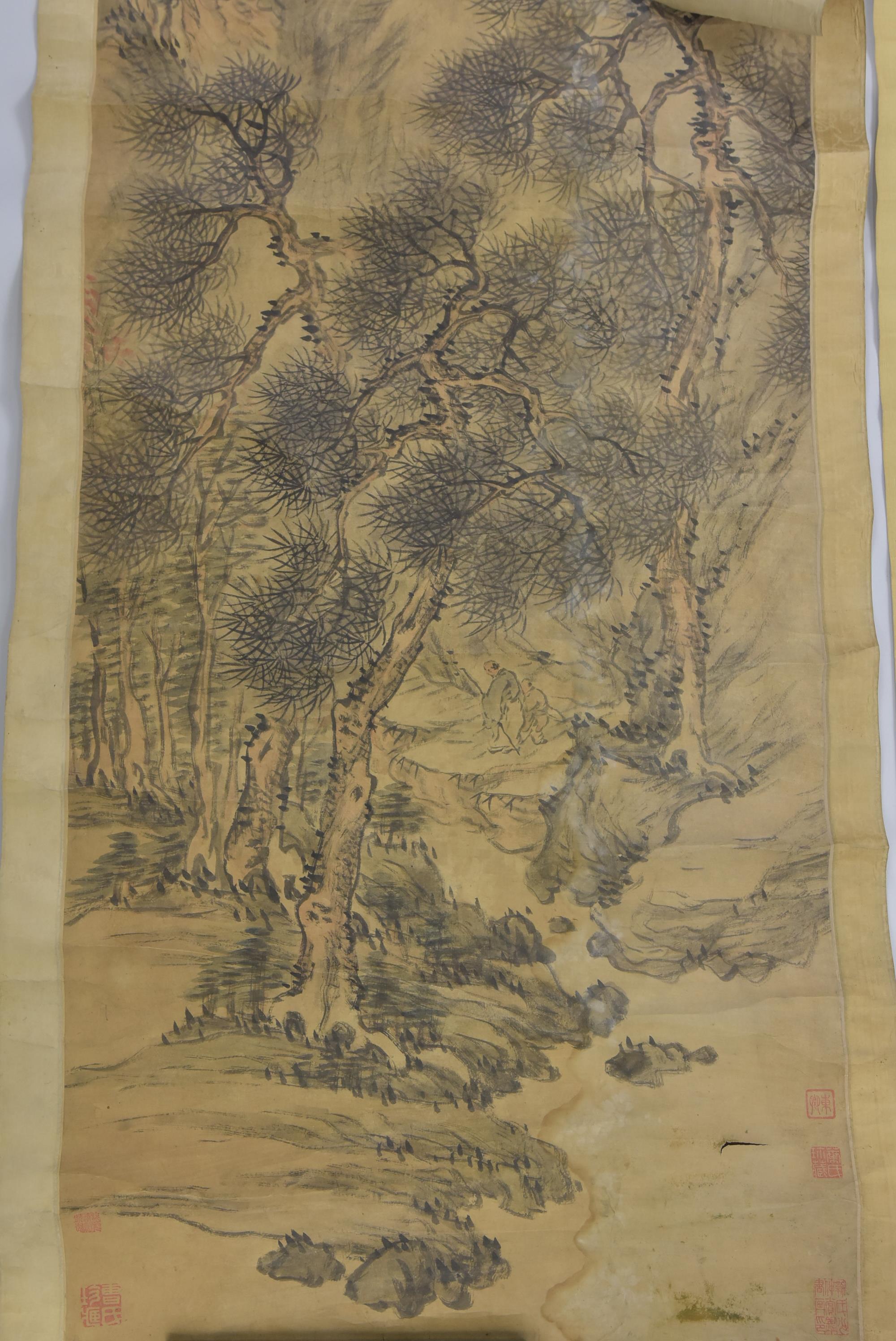 Two Chinese 19th century water colour paintings of mountains a rivers.144 cm x 28.5 cm and 210 cm x - Image 4 of 7