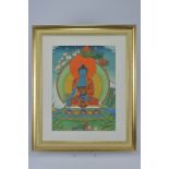 A traditional style Buddhist Thangka painting of Buddha Gautama sitting in a lotus pose holding a bo