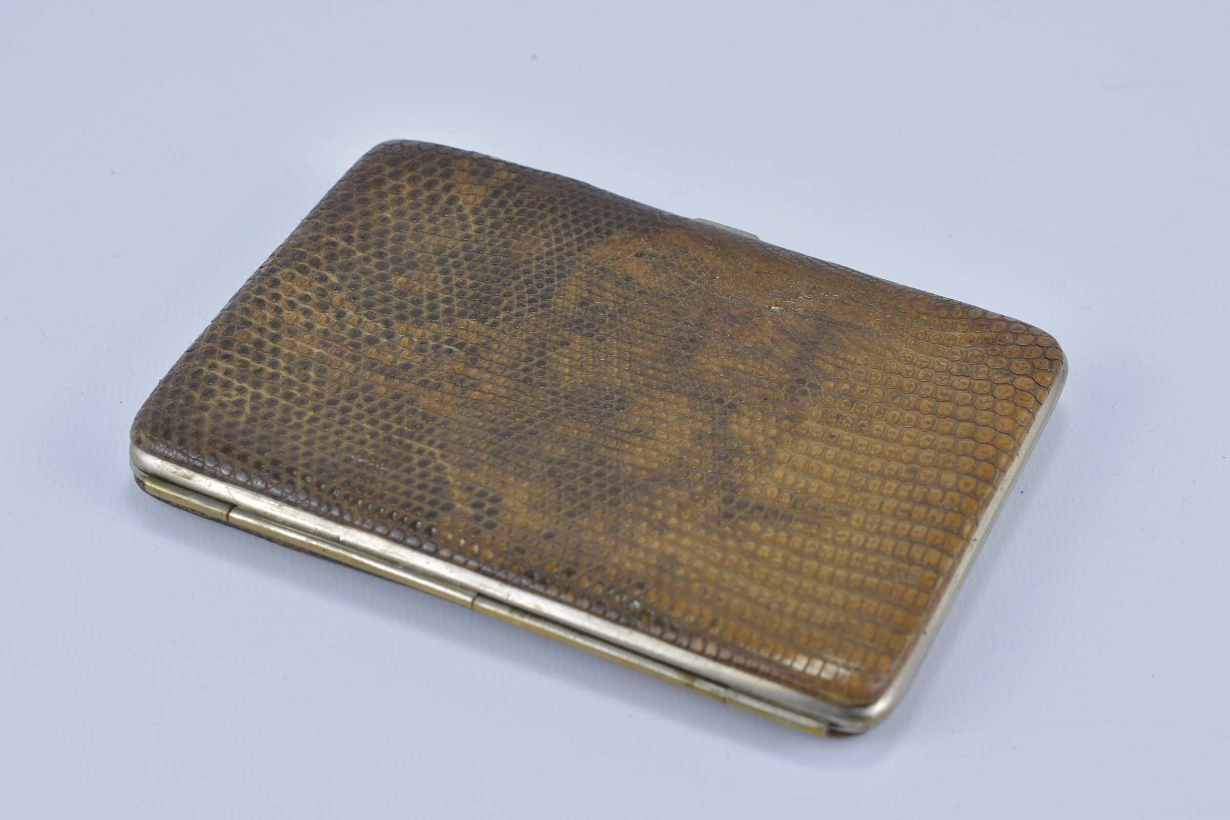 An English antique snake skin leather card case with metal casing. - Image 2 of 4