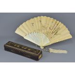 A superb condition late 19th century Chinese Cantonese carved Ivory fan with fine embroidery on pape