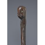 An antique waling stick possibly Maori with carved bird head decorated with fish and snakes in relie