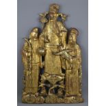 A large Chinese 19/20th century gilt wood hanging of three Immortals Fok, Lok, Sau with child. 112cm
