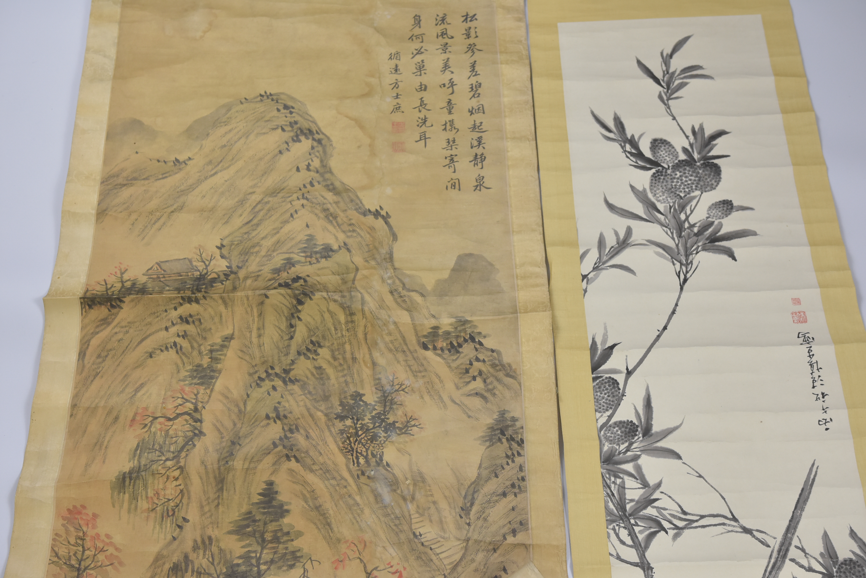 Two Chinese 19th century water colour paintings of mountains a rivers.144 cm x 28.5 cm and 210 cm x - Image 2 of 7