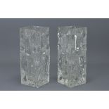 Pair of Whitefriars Style Textured Clear Glass Square Vases, 23cms high