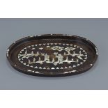 Chinese Wooden Lacquered Oval Tray with Mother of Pearl Inlay depicting Figures in a Landscape, 31cm