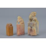 Chinese Shoushan Soapstone Scholars Seals surmounted by Lions, tallest 7cms