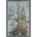 A pair of Chinese Republican period porcelain plaques painted with mountains. Signed. 76Cm x 22.5cm.