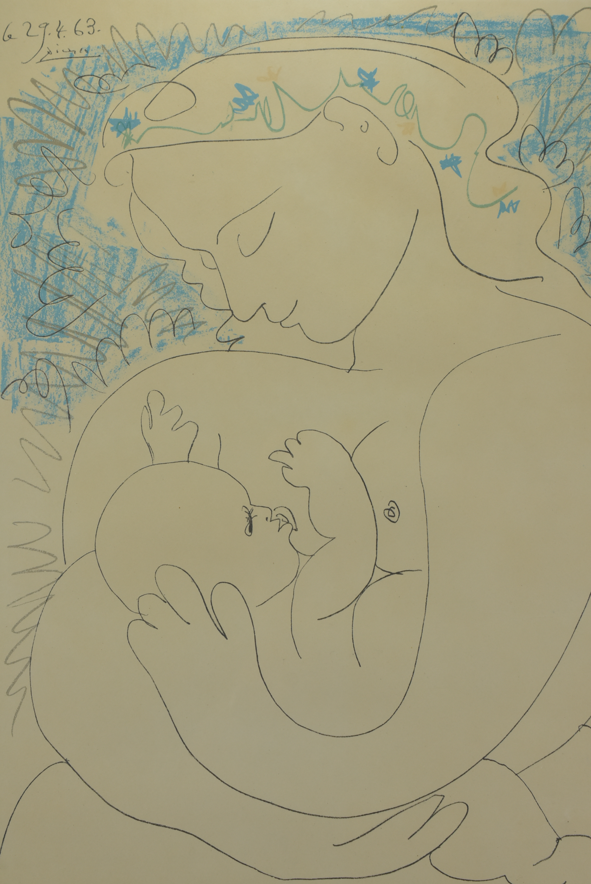 A framed print Pablo Picasso 'Grand Maternity' 1963. Depicting mother and her child. 63cm x 48cm in