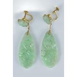 Pair of Chinese 9ct Yellow Gold and Carved Jade Earrings with Jade Panel Drops