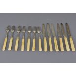 Georgian Set of Seven Forks and Six Knives with Silver Hallmarked Blades and Ivory Handles