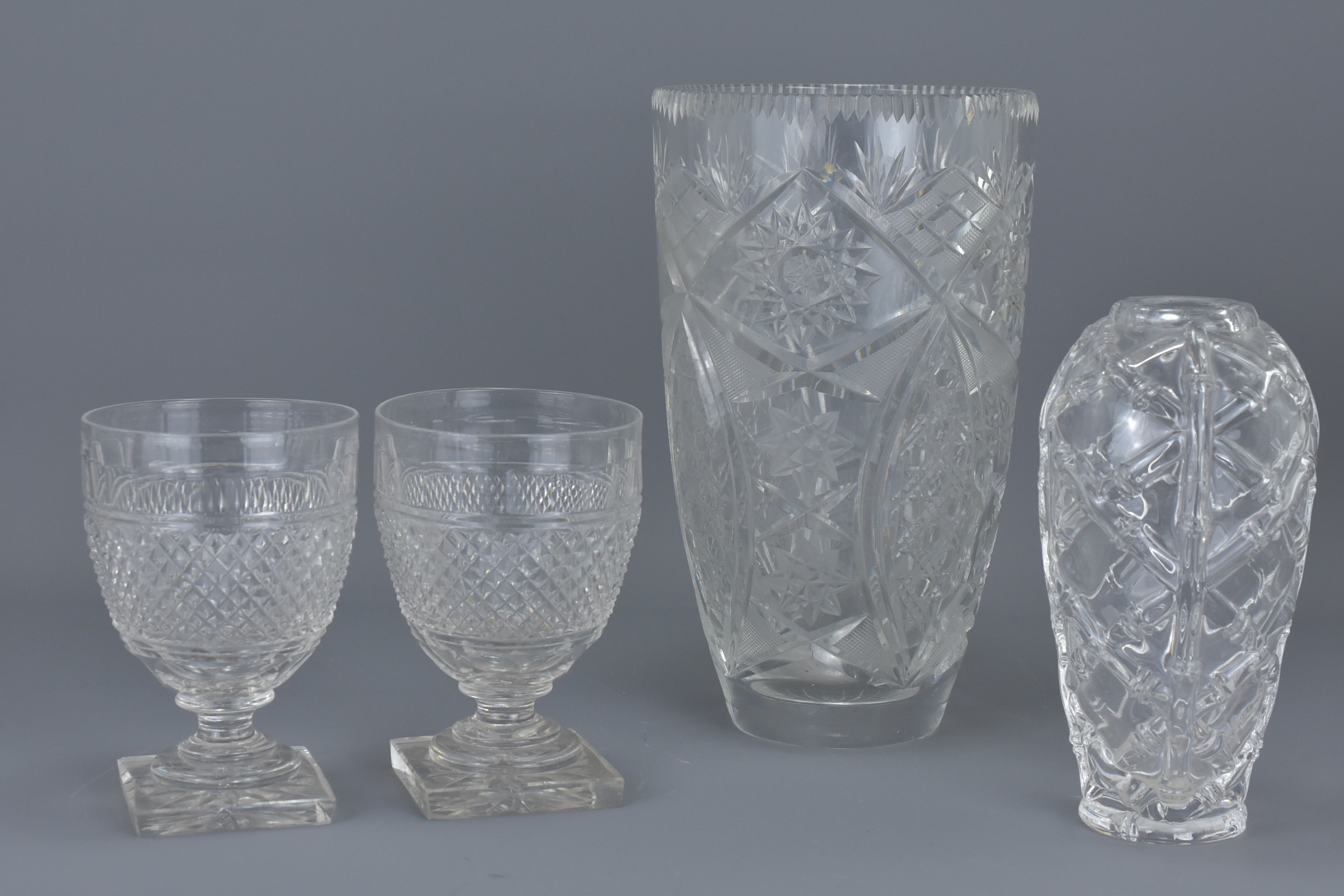 Pair of Georgian Hobnail Cut Glass Rummers / Drinking Glasses on Stepped Star Cut Square Bases toget