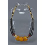 Ethnic Necklace with Amber Coloured, Wooden and Stone Beads
