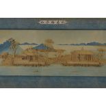 A Chinese mid 20th century framed cork art picture of a coastal seen. 28Cm x 59cm