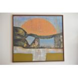 A large mid 20th century or earlier framed oil on canvas, abstract in off-pastel shades depicting a
