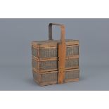 Japanese Bamboo and Wicker Three Section Stacking Picnic / Tiffin Box, 27cms high