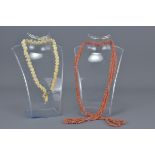 Three Strand Coral Bead Necklace together with Carved Bone Bead Necklace