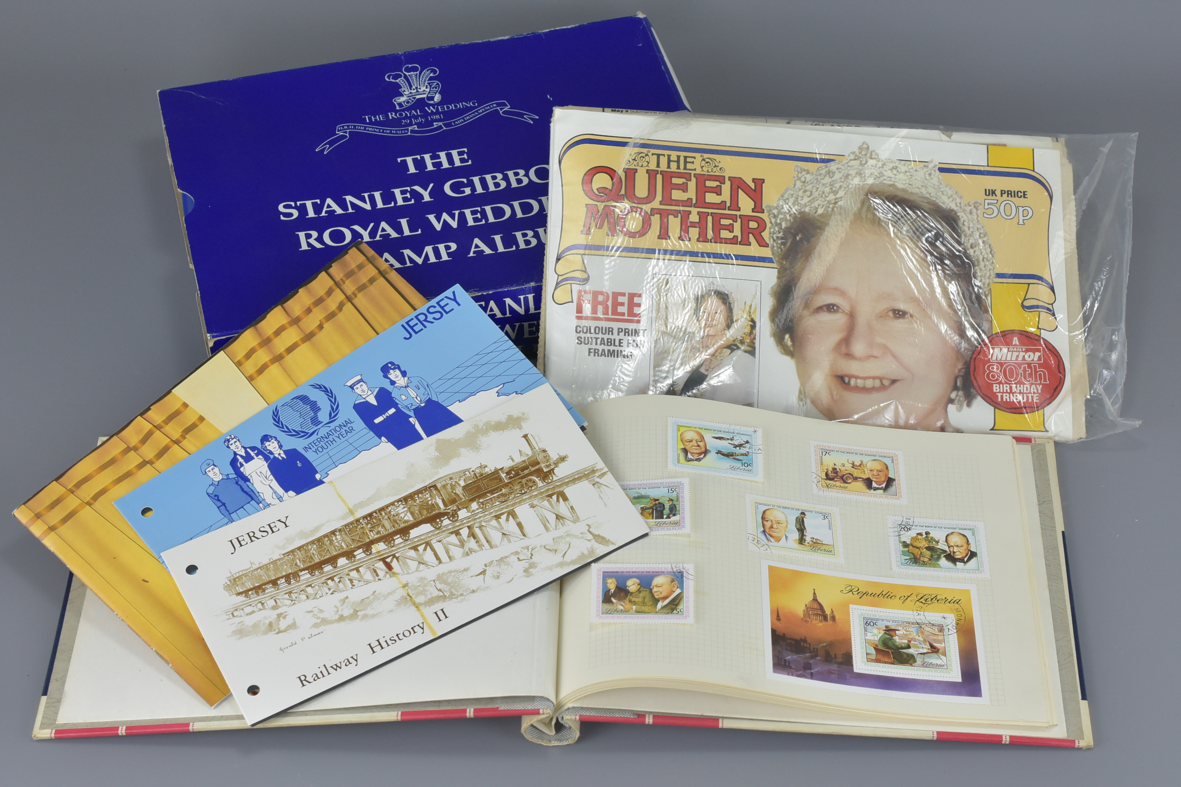 Boxed Stanley Gibbons Royal Wedding Stamp Album, Stanley Gibbons Sir Winston Churchill Stamp Album (