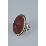 Large White Metal Ring set with an Oval Agate Panel, 3cms long