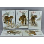 A set of five Chinese 1950/60's porcelain plaques painted with tigers and calligraphy. 52.5cm x 35.5