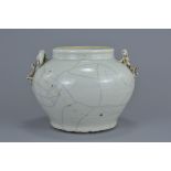 A Chinese 19th century ge yao crackle glaze porcelain jar with twin lizard handles. 14.5cm x 18cm