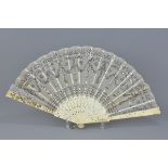 19th century Continental Ivorine and Lace Fan with Silver Coloured Sequin Decoration contained in a