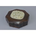 18th / 19th century Chinese Zitan Wood Shaped Box with a Carved Celadon Jade Panel to lid, 11cms wid