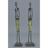 Pair of Vintage African Tribal Bronze Tall Slender Figures on Stands, 30cms high