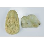 A Chinese celadon jade carving together with a jade pendant carved with figure of Guanyin. Chip to c