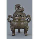 19th century Chinese Bronze Incense Burner with Lion Finial to Cover, six character mark of Xuande,