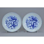 Pair of Chinese blue and white porcelain dragon dishes