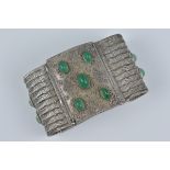 An antique silver metal and chrysoprase cuff bracelet