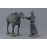 Chinese Yuan Black Pottery Horse & Groom