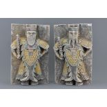 Pair Chinese Painted Tiles Depicting Guardian Figure