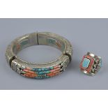 Tibetan white metal hinge bracelet and ring