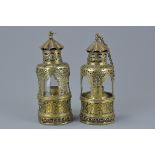 Pair of Chinese Brass Opium Burners, 17cms high (2)