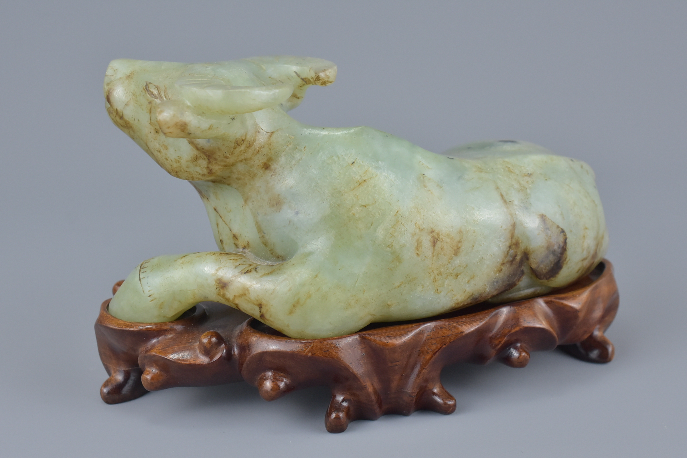 Chinese carved Celadon Jade Ox on a Carved Rosewood Stand, 16cms long - Image 2 of 6