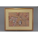 A framed and glazed Chinese early 20th watercolour and gouache painting of birds in a tree. Signed b