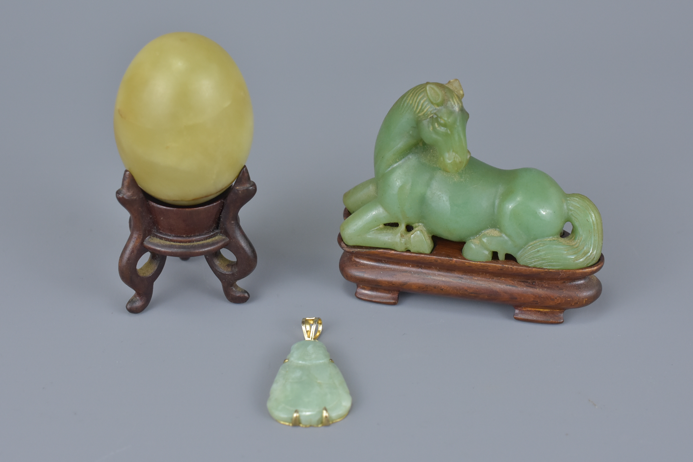 Chinese Jade Egg on Wooden Stand, 8cms high, Carved Jade Horse on Wooden Stand, 6cms high and a Silv